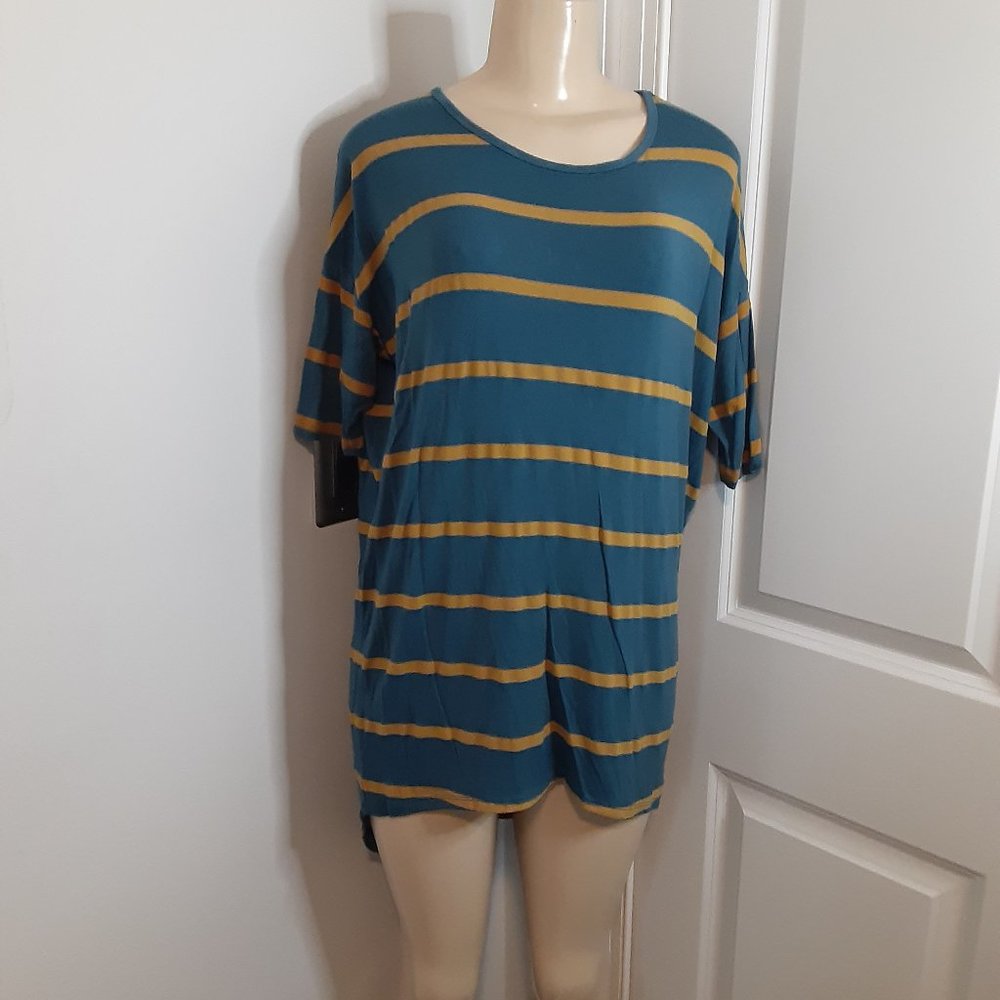 LuLaRoe Teal Blue Striped with mustard Yellow  Irma Tunic